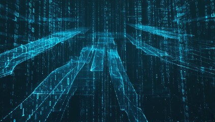 Abstract digital city tunnel, binary code background, futuristic