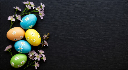 Wall Mural - Decorated Easter eggs with flowers on dark background isolated on a transparent background