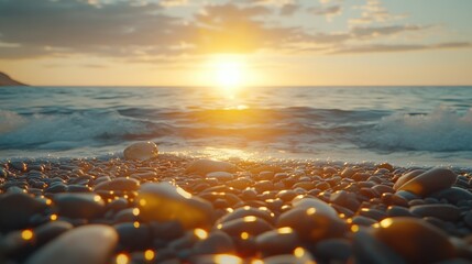 Poster - Sunset over pebble beach, ocean waves crashing