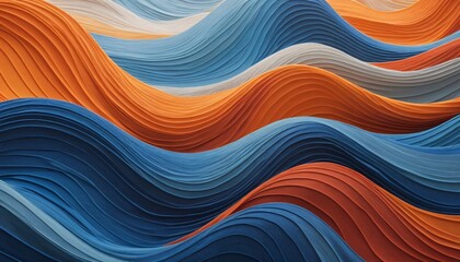 Poster - Fluid Abstract Waves. Dynamic Layers of Color. Sculptural Grooves Create Undulating Depth. A Rhythmic Flow for Creative Projects. Inspiring Energy. A Spectrum of Orange, Blue and Soft White.