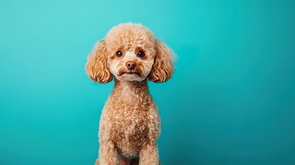 Apricot Toy Poodle sitting on a blue background