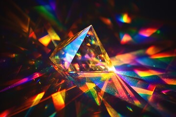 Poster - Prismatic Light Show: A mesmerizing close-up of a crystal prism refracting vibrant light beams, showcasing the spectrum of colors. A stunning display of physics and light, perfect for science,        