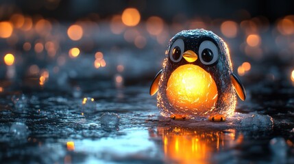 Wall Mural - icy penguin glows, winter night, bokeh background, holiday card