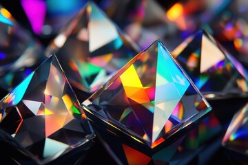 Poster - Prismatic Light Show: A Kaleidoscope of Rainbow Hues and Geometric Reflections, Captured in Stunning Close-Up Detail. Vibrant Colors Dance and Intersect, Creating a Mesmerizing Visual Symphony. Ideal 