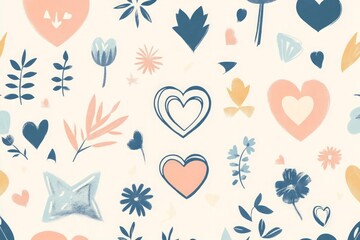 Wall Mural - A seamless pattern featuring various hand-drawn elements in soft peach, blue, and cream hues. The design incorporates hearts, flowers, leaves, and abstract shapes