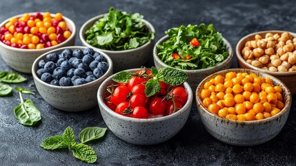 Wall Mural - Assorted Fresh Fruits and Vegetables in Bowls