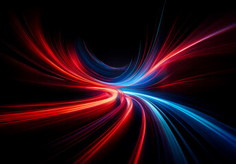 Poster - Shenzhen, China - Unknown Date : Abstract image of vibrant, dynamic light trails in red and blue hues against a stark black background.  The flowing lines create a sense of motion and energy.
