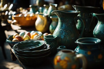 Wall Mural - Table arrangement with various ceramic vases and bowls, perfect for decoration or styling