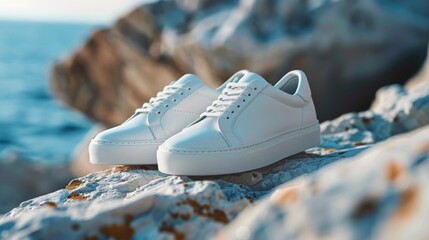 Aufkleber - White sneakers are placed on a rocky surface by the ocean, illuminated by sunlight, highlighting their modern design and vibrant surroundings.