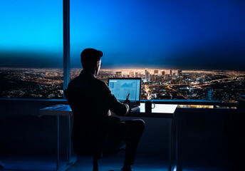 Aufkleber - Shenzhen, China - Unknown Date : Man works late at night in an office, silhouetted against a large window overlooking a brightly lit cityscape under a dark blue sky. The person is using a laptop on a 