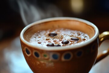 Wall Mural - A single serve coffee cup on a table, ready to be enjoyed