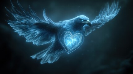 Wall Mural - glowing blue eagle, heart, dark night, fantasy, logo
