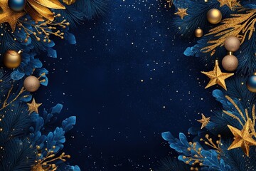 Poster - Elegant Christmas Background: Blue and Gold Festive Design, Sparkling Holiday Decor, Winter Wonderland Scene, Perfect for Cards, Invitations, Banners, and Website Headers. Create a luxurious and      