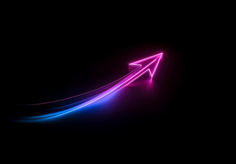Aufkleber - Shenzhen, China - Unknown Date : A vibrant neon arrow points upwards, illuminated with a pink and blue gradient glow against a stark black backdrop, symbolizing direction and progress.