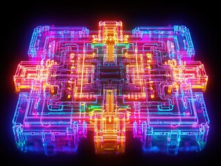 Wall Mural - neon city circuit board, futuristic architecture, glowing lines, dark background, tech concept