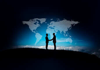 Aufkleber - Shenzhen, China - Unknown Date : Two silhouetted figures shake hands in agreement against a backdrop of the world map.  A symbol of global business, partnerships, and international cooperation on a da