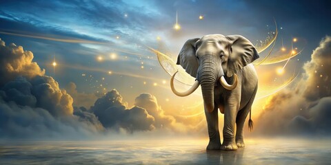 Sticker - Majestic Elephant Amidst Celestial Wonders, Illuminated by Golden Rays of Light and Sparkling Stardust