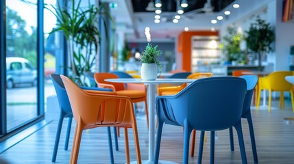 Leinwandbilder - Vibrant orange and blue chairs are arranged around a white table in a contemporary cafe featuring large windows and plants, creating a cheerful atmosphere for patrons.