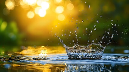 Fototapete - Water drop splashes on surface in nature with bokeh background. Use for beauty product