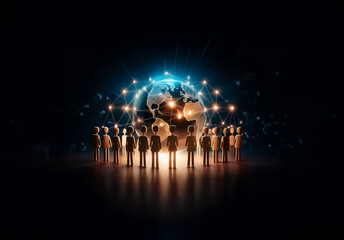 Fototapete - Shenzhen, China - Unknown Date : A group of figures stands in a circle around a glowing globe.  Connections radiate outward, illuminating the dark scene, symbolizing global network and communication.