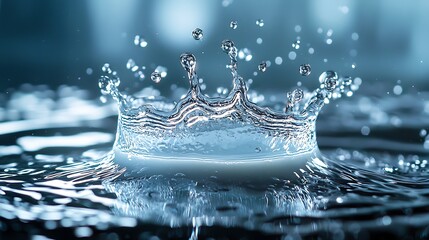 Fototapete - Water drop splashing, creating crown shape in pool against a blurred blue background for use