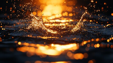 Fototapete - Water droplets splashing above a body of water with a sunset background for nature blog