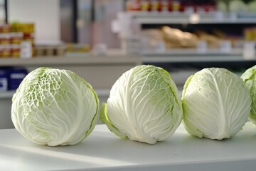 Canvas Print - A bunch of cabbages sitting on a countertop, ideal for food or kitchen-themed images