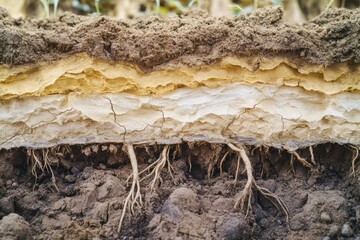 Poster - A detailed view of soil with roots visible, suitable for use in illustrations about nature, gardening or environmental topics