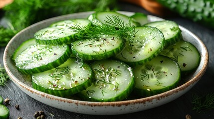 Wall Mural - Fresh cucumber salad on a plate, dill garnish, healthy food