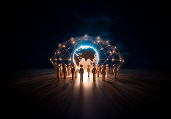 Aufkleber - Shenzhen, China - Unknown Date : A group of figures stand around a glowing globe enveloped in a network mesh against a dark backdrop, symbolizing global connectivity and digital communication.