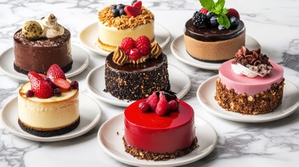 Wall Mural - A colorful assortment of gourmet cakes displayed on elegant plates against a marble background