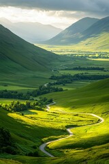 Wall Mural - Winding road through green mountains in valley, backlit by sun. Travel use