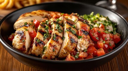 Wall Mural - Grilled chicken with fresh tomato and herb salad in black bowl