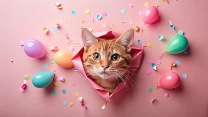 Sticker - A ginger feline playfully peeks through a vibrant pink paper, surrounded by a delightful array of pastel balloons and confetti, creating a festive and cheerful scene.