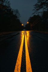 Wall Mural - Night road reflection on wet asphalt between trees after rain for web use