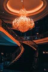 Wall Mural - Grand chandelier hangs above sweeping stairs in elegant hall