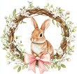 © Julia - A watercolor Easter card featuring a bunny, flowers, leaves, and a wreath, hand-drawn and isolated on a white background. This clipart is ideal for cards, postcards, tags, invitations, printing