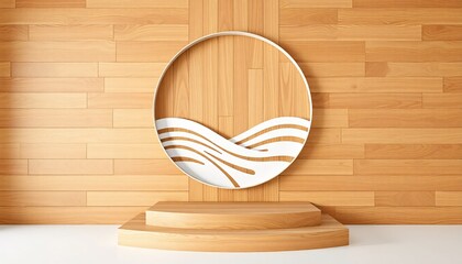Aufkleber - Minimalist Wave Art. Circular White Frame with Fluid Pattern on Wooden Wall. Simple Contemporary Design. Modern Interior Decor, Natural Materials, Stepped Podium Adds Depth. Aesthetic Wall Art for
