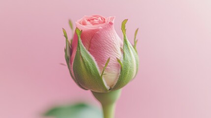 Wall Mural - A single pink rose bud against a pink background