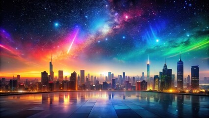 spectacular urban skyline at dawn with vibrant celestial phenomena, reflecting on a wet plaza