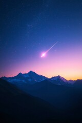 Wall Mural - meteor streaks across a vibrant night sky over snowy mountains. background scenery