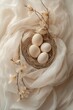 © Julia - Rustic Easter aesthetics with a focus on simplicity, featuring natural eggs, feathers, willow branches, and a nest on a white table. A stylish rural Easter still life in pastel shades