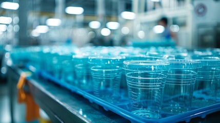Fototapete - A large tray filled with clear plastic cups is placed on a surface within a factory. Workers are seen in the background engaging in production tasks under bright lights.