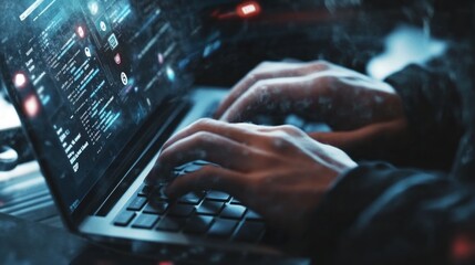 Hands typing code on laptop in a tech workspace