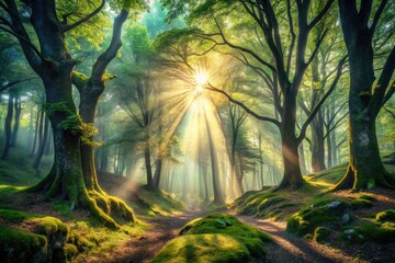 Wall Mural - Sun-dappled surreal forest, double exposure magic.