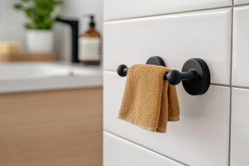 Brown towel hanging on black towel rail in modern bathroom