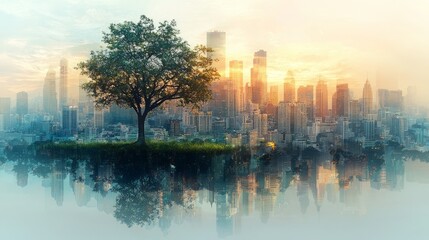 Wall Mural - Sunrise Cityscape with a Tree, Urban Island, Peaceful Scene