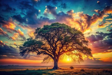 Wall Mural - Vintage Sky Tree Photography: Retro Sunlit Branches, Majestic Oak, Nature, Landscape, Nostalgia