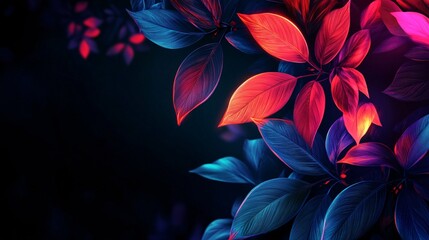 Wall Mural - A dramatic background featuring glowing neon leaves on a dark black backdrop