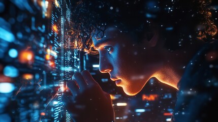 A Young Coder Engrossed In A Digital World, Deciphering Complex Code In A Vibrant, Futuristic Setting With Glowing Neon Hues And A Particle Effect